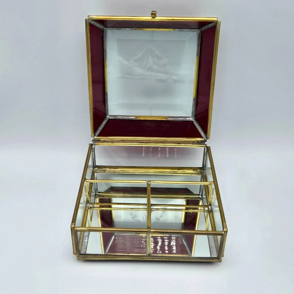 Vtg Glass & Brass Domed Jewelry Box Red Clear Casket Mirrored Bottom Beveled Top